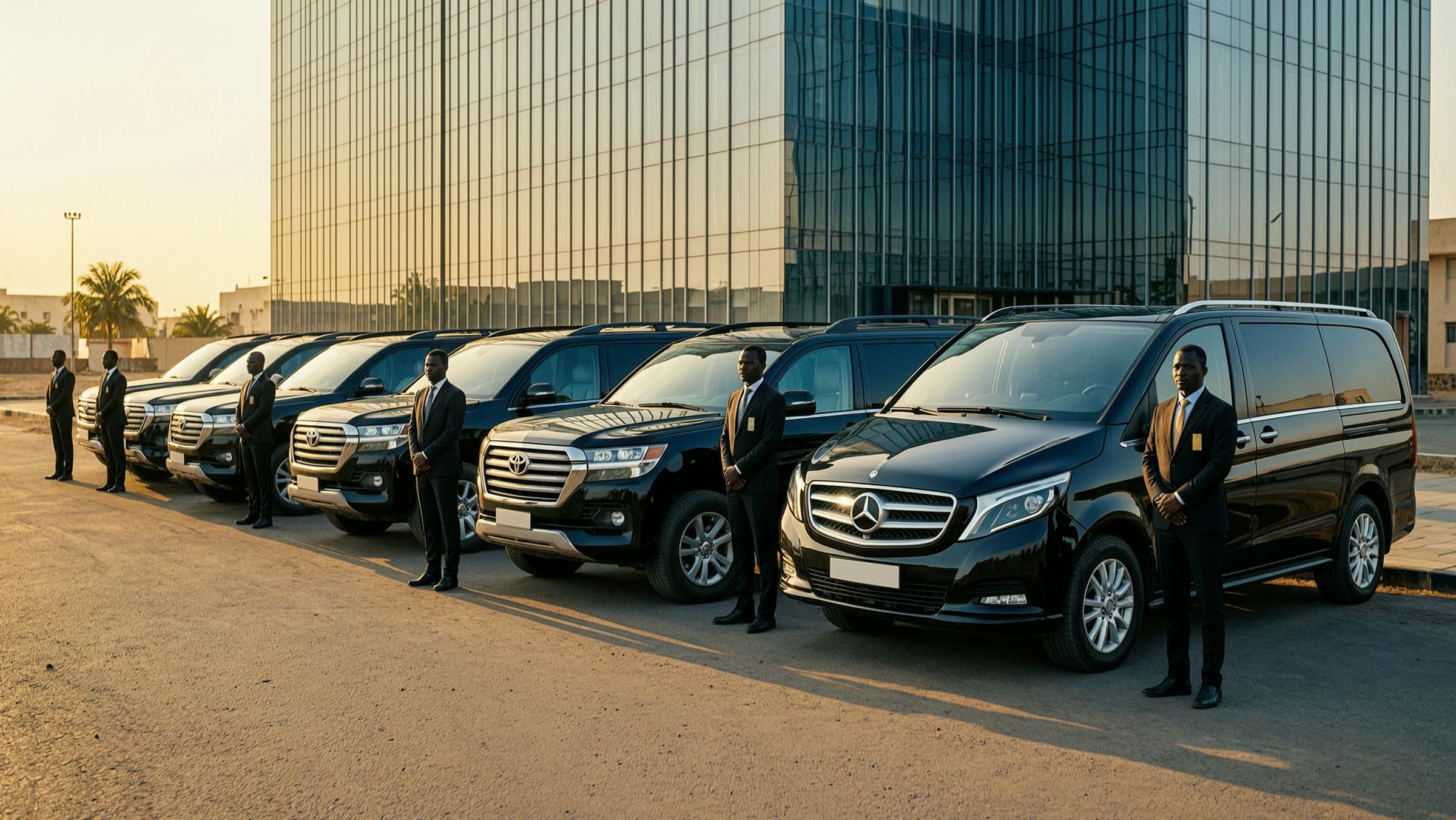 Flotte de SUV et de vans noirs alignés avec leurs chauffeurs devant un immeuble de bureaux