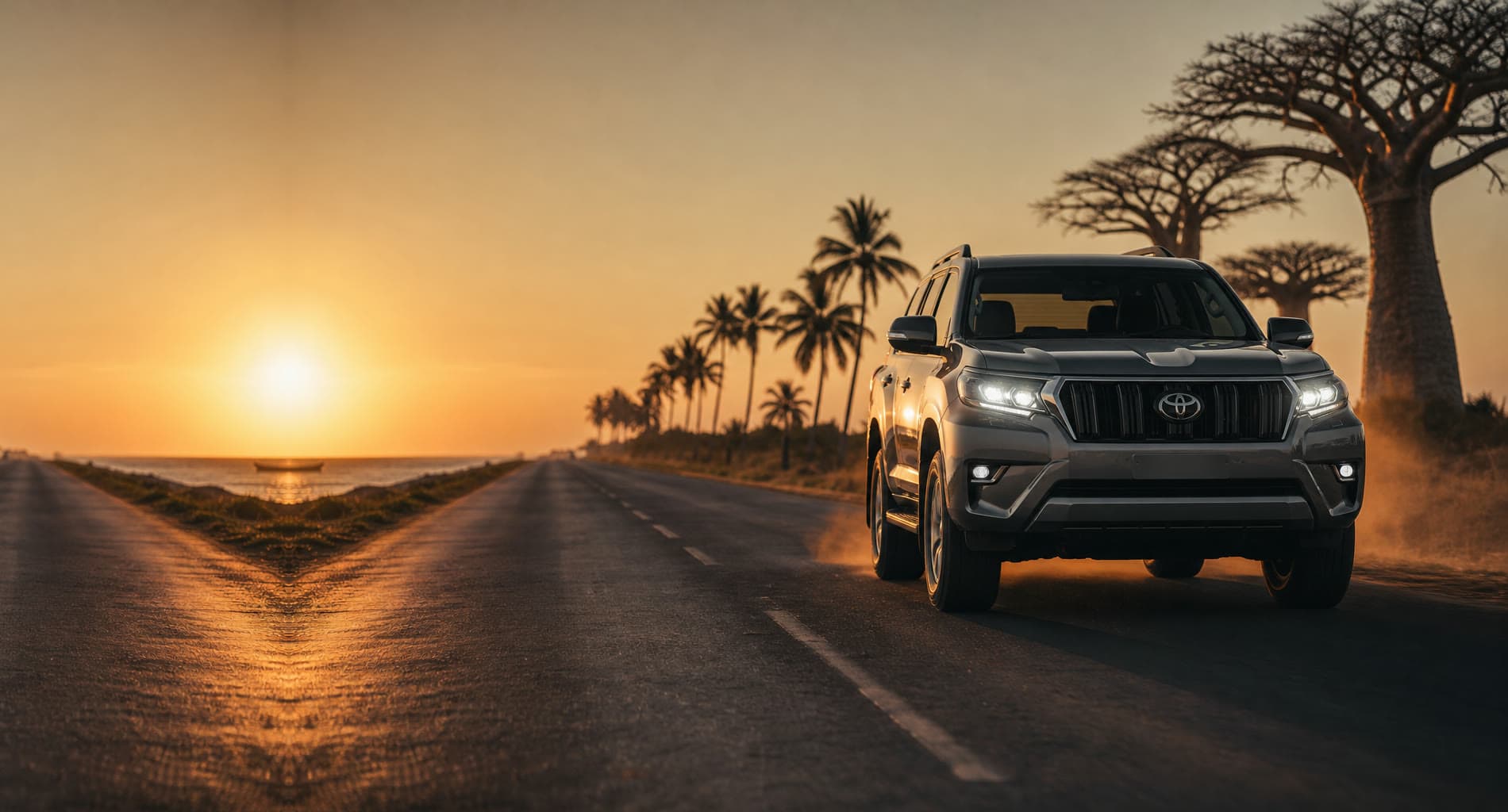 Toyota Land Cruiser Prado sur une route côtière du Sénégal, au coucher du soleil